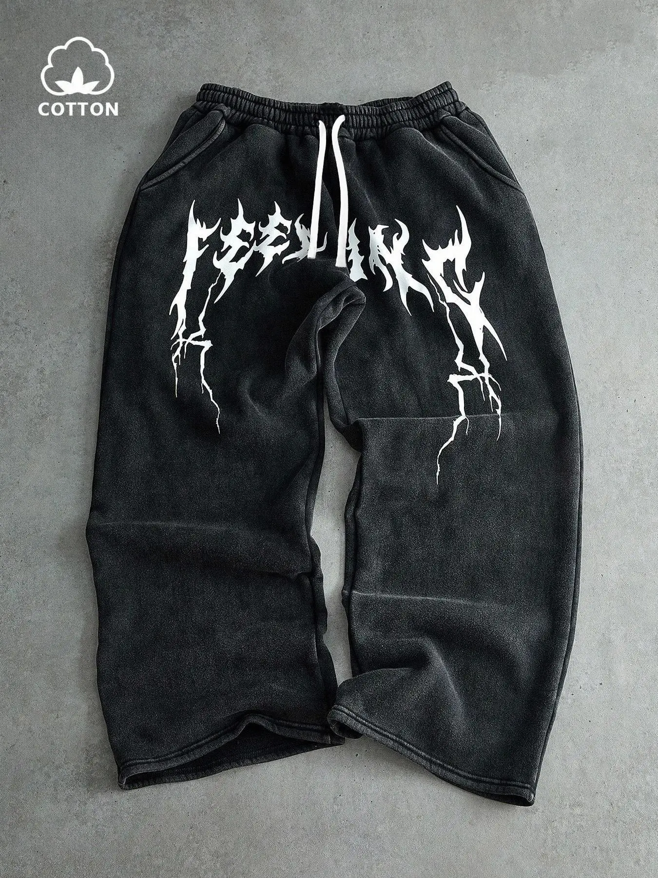 Unisex 400g Heavyweight Washed Vintage Death Metal Spike Font Print Oversized Sweatpants | Y2K Dark Gothic High Street Streetwear Knitted Bottoms