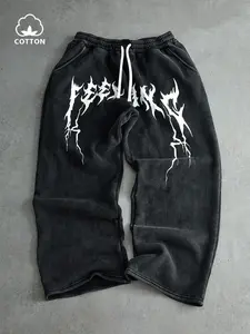 Unisex 400g Heavyweight Washed Vintage Death Metal Spike Font Print Oversized Sweatpants | Y2K Dark Gothic High Street Streetwear Bottoms