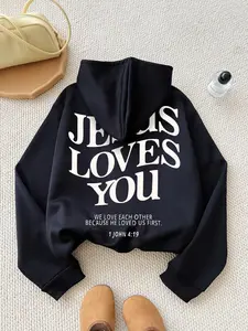 Women's Letter Print Drawstring Pocket Thermal Lined Graphic Hoodie, Casual Long Sleeve Hooded Sweatshirt for Fall & Winter, Women's Clothes for Daily Wear