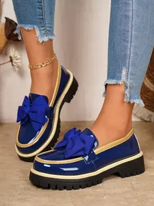 Women's Cute Bow Design Loafers, Slip On Fashion Plain Color Shoes, Glossy Waterproof Casual Flat Sneakers, Comfortable Daily Wear, Perfect for Everyday