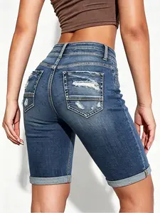 Women's Stretchy High-Waisted Bermuda Shorts, High Waist Ripped Back Pocket Cuffed Denim Bermuda Shorts Women