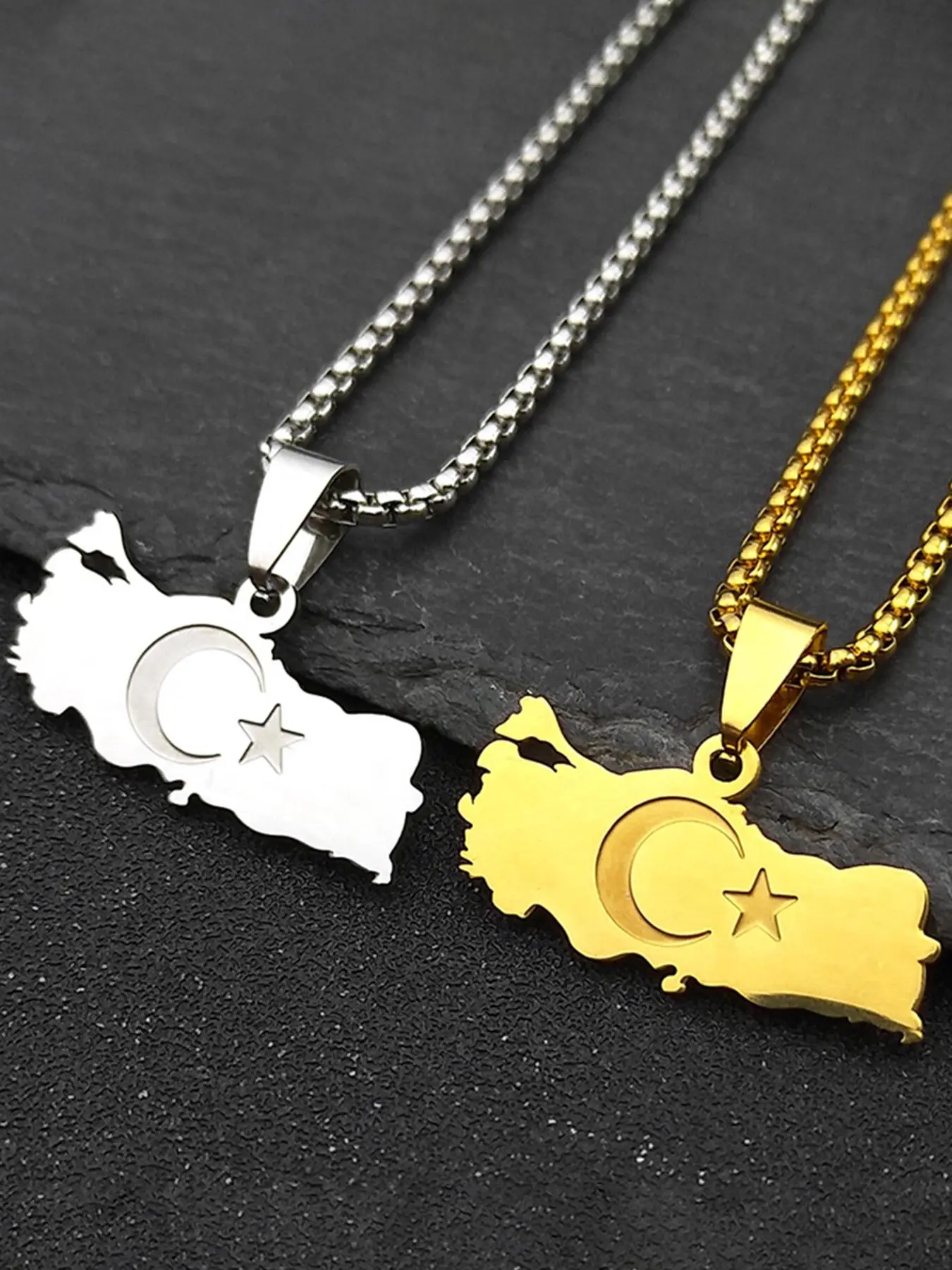 Turkey Map Flag Moon Star Necklace for Men Women Stainless Steel Gold Color Turkish Country National Geography Chain Modern Versatile Accessories Inspirational Jewelry
