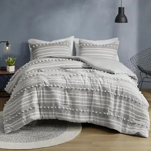 Queen Comforter Set Clipped, Tufts Pompom, Boho Comforter, Down Alternative All Season Lightweight & Bedding, Matching Shams, Rowan, Full/Queen, Grey 3 Piece