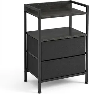 Nightstand with 2 Fabric Drawers and Storage Shelf – 3-Tier Modern Bed Side Table with Wooden Top for Bedroom, Living Room, Study, Hallway, Small Spaces, Black/Brown/White