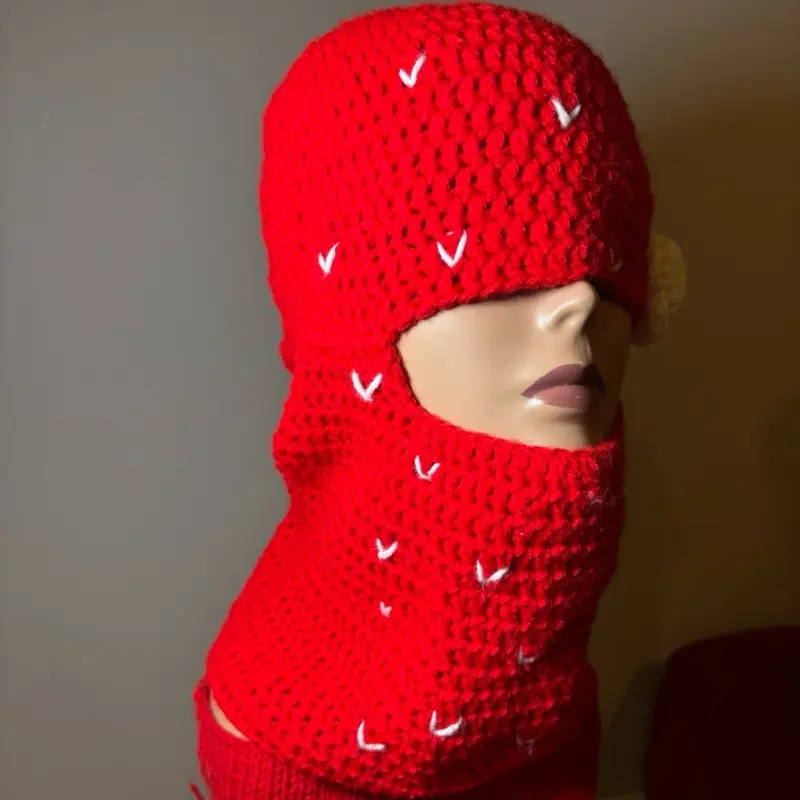 Crochet Lover Girl Balaclava - Red Knitted Face Mask with White V-Stitch Design for Winter Wear