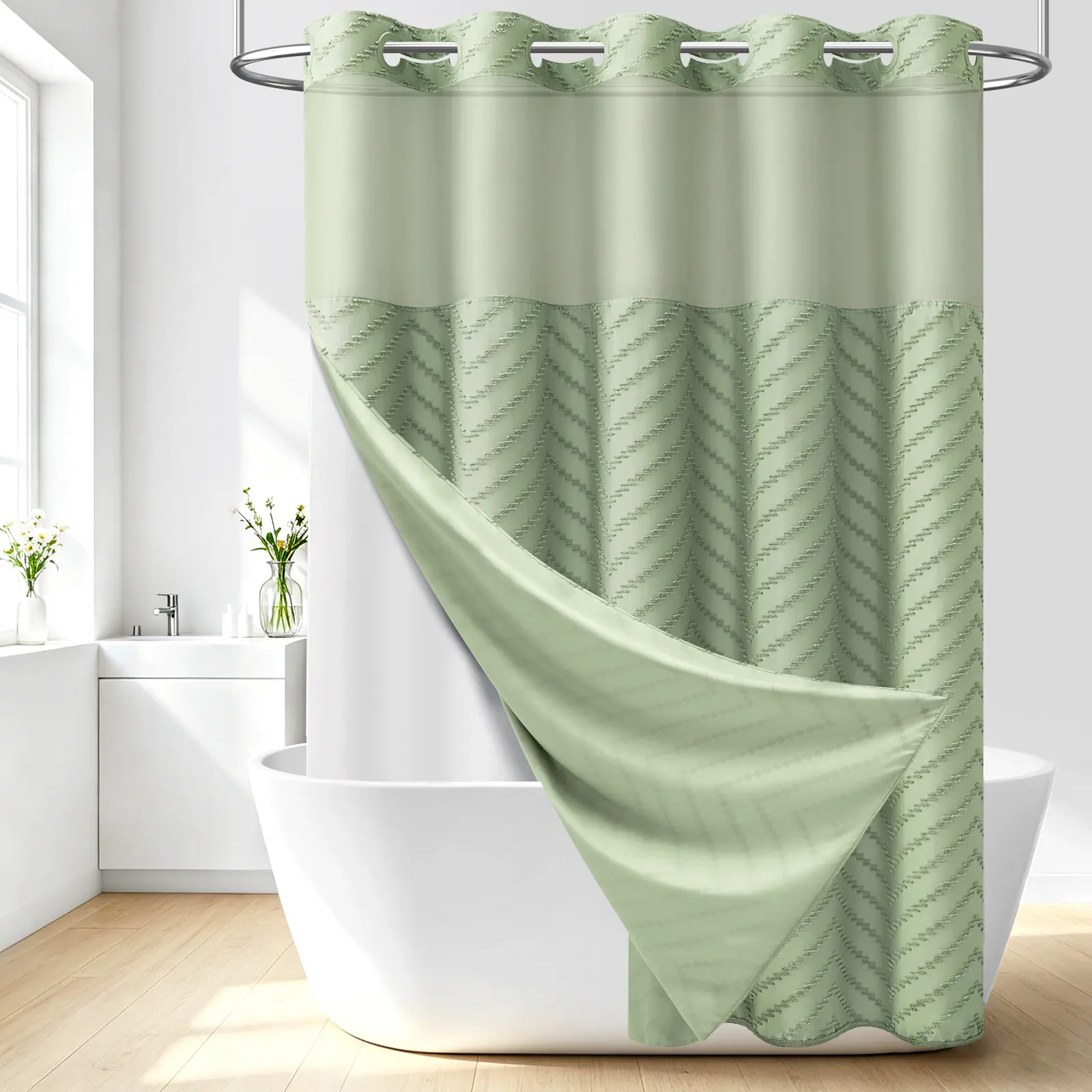DYNAMENE 3-in-1 Hook-Free Boho Tufted Chevron Striped Shower Curtain Set, Snap-In Magnetic Waterproof Liner, Modern Textured Design, Sheer Light View Window - Hook-Free Setup Saves Bathroom Time, Waterproof Liner Helps Keep Walls Dry,sohochic
