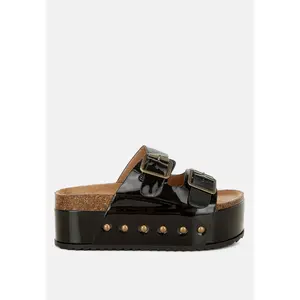 ROXY STUDDED PATENT FLATFORM SLIDES