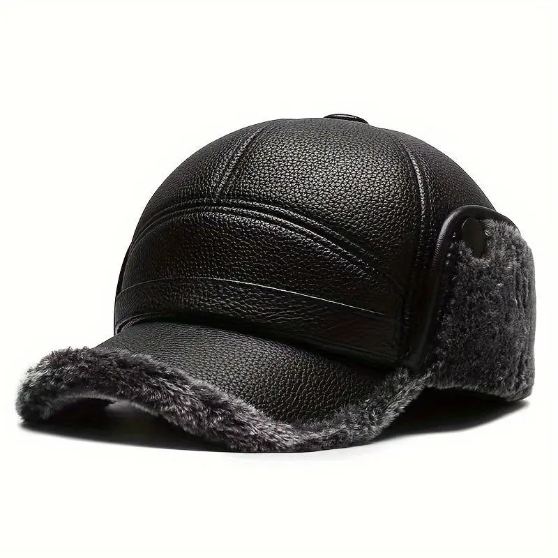 Faux Leather Duckbill Cap for Men, Black Street Style Winter Hat with Foldable Ear Flaps for Cold Weather, Black Cap