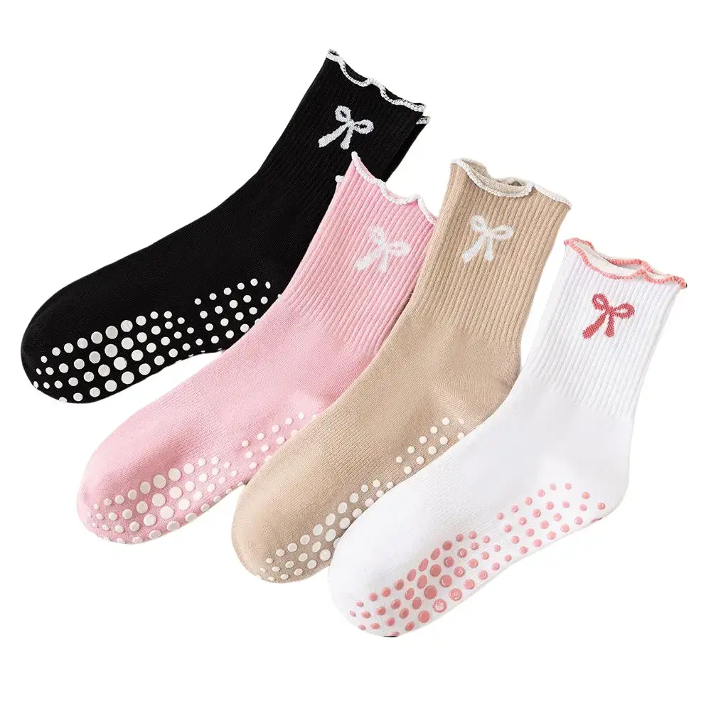 JointlyCreating 3 Pairs of Cute Pilates Grip Socks for Women: Ruffle Non-Slip Crew Grippy Yoga Socks with a Bow for the Gym, Ballet, and Barefoot Use