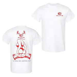 Elite Archery T-Shirt, Sexy Lady Bowhunter Graphic with Elite Logo and Compound Bow on Back, Soft Cotton Fabric, Unisex Fit for Outdoor Enthusiasts, Ideal Gift for Archery Fans