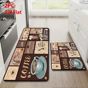 2/3 Piece Flannel Kitchen Mat Set, Vintage Coffee Art Theme, Anti-Slip, Absorbent, Ideal for Kitchen, Dining Room, Hallway