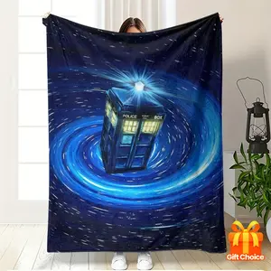 Comfortable "Doctor Who" TARDIS Art Fleece Blanket - Soft Flannel Polyester Parabolic Design with Starry Night Pattern, Perfect for Sofa, Bed, Office, Travel, and All-Season Use, the Ideal Gift for Him or Her