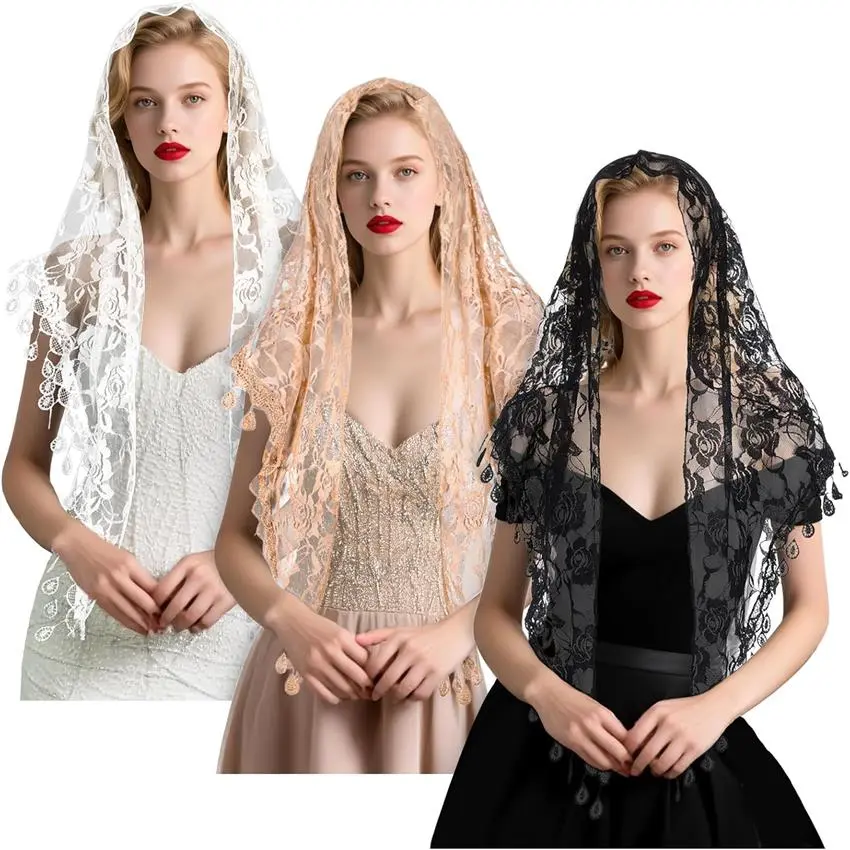 Catholic tulle veil, suitable for wedding brides and bridesmaids, bohemian floral lace transparent veil and Latin mass tulle veil, machine washable spandex blend material, suitable for mass, baptism, and confirmation