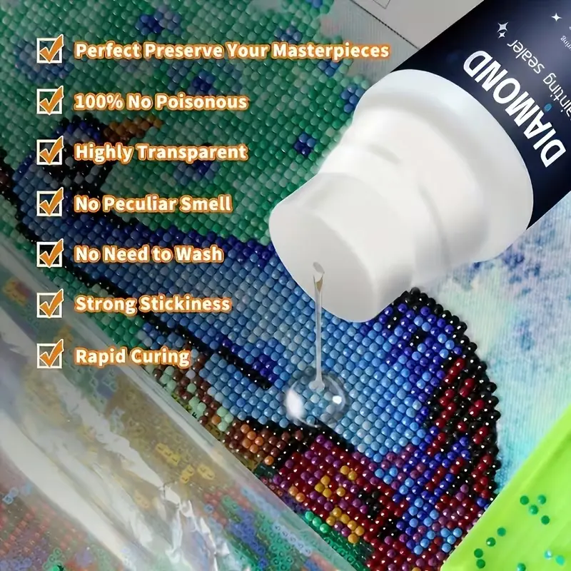 1 set of diamond painting sealer, 2 bottles per set, 120 milliliters/4.06 ounces per bottle. Diamond art pigment, EVA crystal agent, diamond art sealing agent. The permanent sparkling diamond art seal kit is suitable for protecting diamond paintings