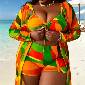 Plus Size Vibrant Geometric Print 3 Piece Swimsuit, Bikini Top + High Waist Bottom + Long Sleeve Kimono Cover Up, Women Summer Beach Bathing Suit