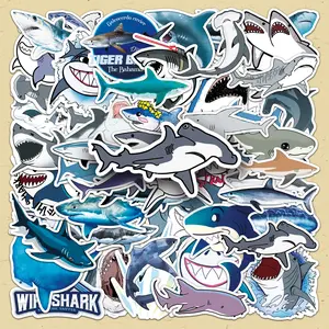 Shark Pattern Sticker, 50pcs/set Cartoon Marine Life Sticker, DIY Decorative Sticker for Phone Case, Scrapbooking, Journal Making
