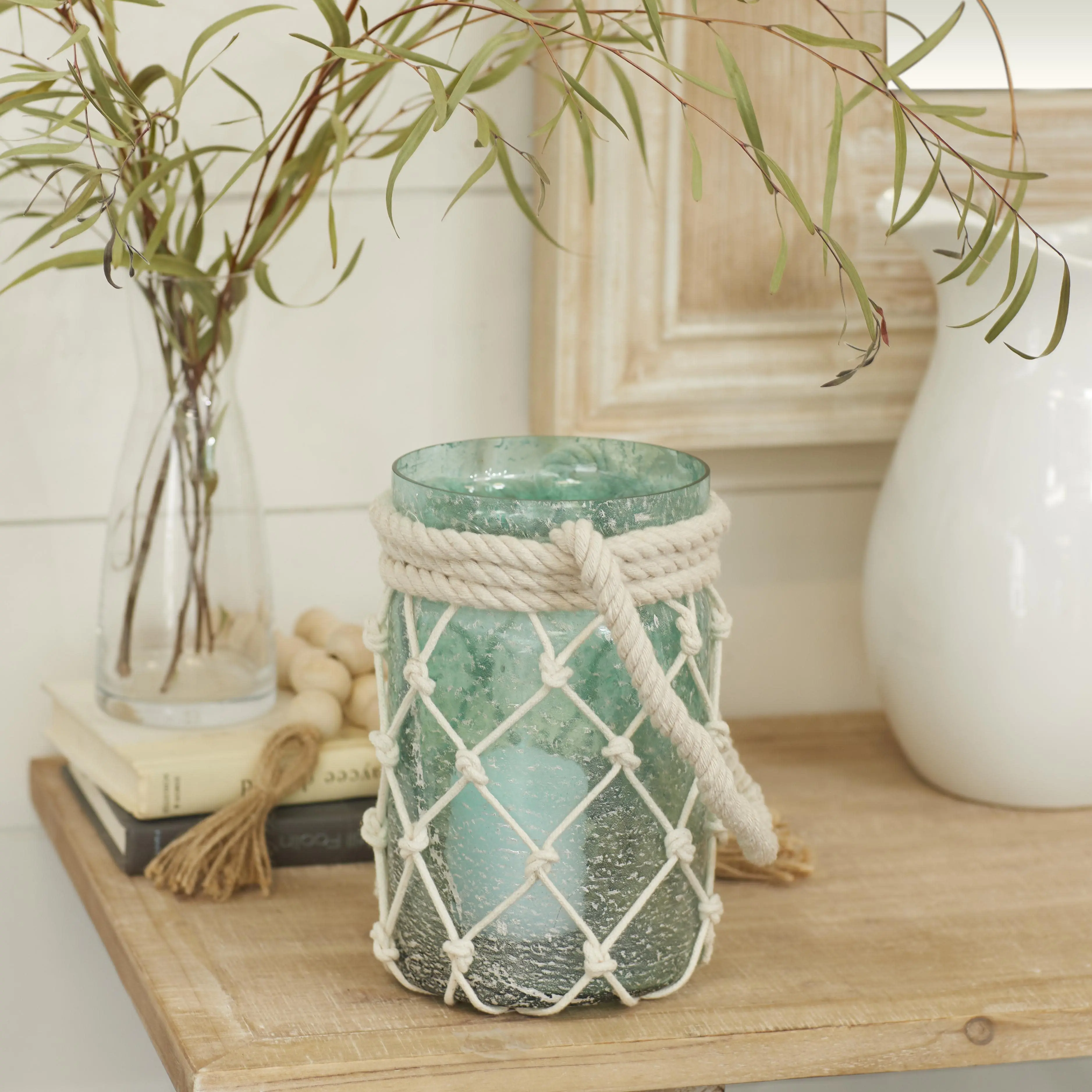 Blue Glass  Decorative Indoor Outdoor Candle Lantern with Rope Handle