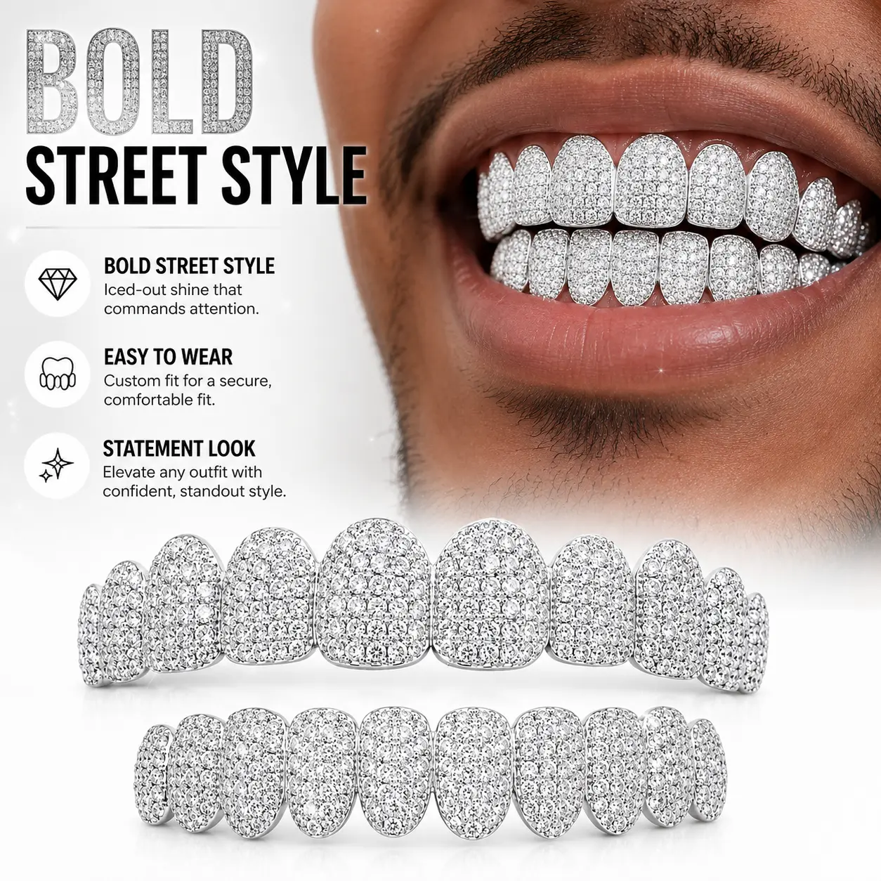Hip Hop Iced Out Grillz Full Sparkle Set, Bling Rhinestone Tooth Caps, Removable Rap Style Teeth Jewelry for Men Women, Party Club Music Video Accessories
