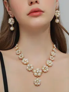Vintage Flower Design Faux Pearl Decorated Necklace & Dangle Earrings, Fashionable Jewelry Set, Fashion Jewelry for Party, Daily Clothing Decor, Trendy All-match & Exquisite Jewelry for Gift, Necklaces Earrings Set, Elegant Set