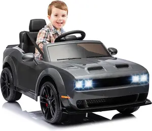 GAOMON Gray Licensed Dodge Challenger 12V Kids Electric Ride On Car With Remote Led Lights Bluetooth Mp3 Adjustable Speeds And Safety Features For Toddlers Gray