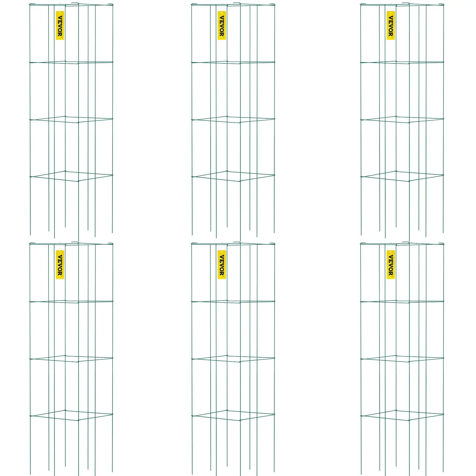 VEVOR Tomato Cages, 6-Pack 14.6x14.6x39.4 in Green PVC-Coated Steel 3-Tier Trellis with Interlock Design, Foldable Flexible Combination, Easy Install-Dismantle Strong Support for Climbing Vegetables