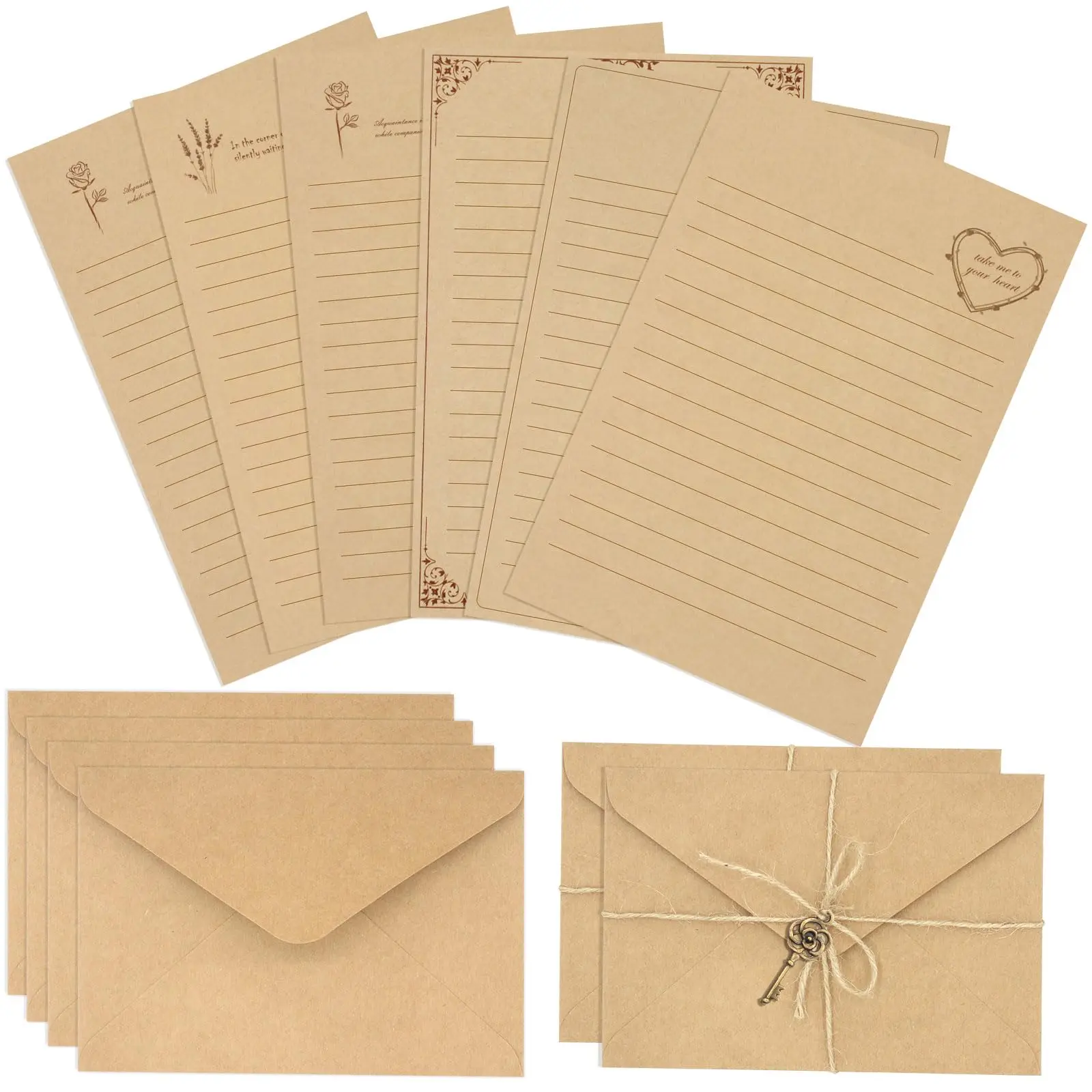 Classical Vintage Thick Kraft Line-Printed Rectangular Letter Writing Stationery Set (72 PCS, 8.3*5.6 in, 6.3*4.3 in) - 24 Smooth No-Bleeding Papers, 12 Matching Envelopes, Multiple Elegant & Generous Designs, Office Kit for Handwritten Care Letters