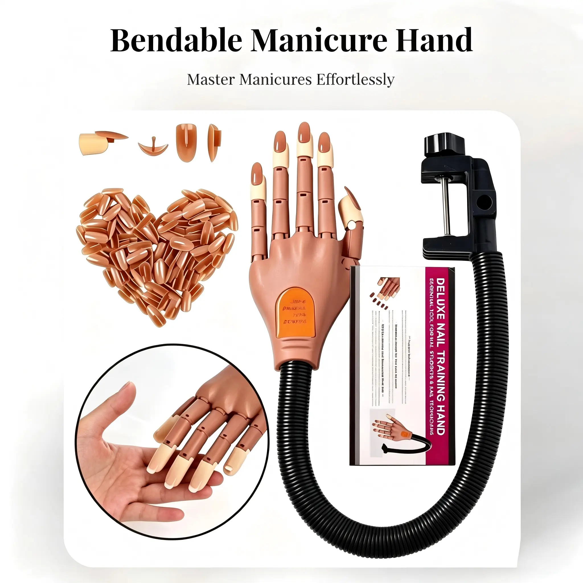 Manicure Practice Hand with Bendable Movable Mechanical Fingers, Adjustable Joints and Spare Tips for Beginner & Professional Nail Training