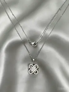 Silver Plated Rotatable Flower Zircon Pendant Necklace - Copper, 25cm Chain, 1.3cm×1.3cm Pendant, 3.8g/0.13oz - Summer Daily Wear Dainty Jewelry accessories