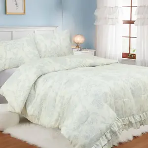 Full/Queen Ruffle Comforter Set Blue Floral