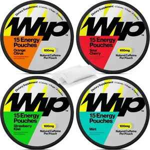 HOT!!! Wip Energy Pouches | 100mg Natural Caffeine | Vitamins and Minerals | 4 Pack Assorted: Sour Cherry, Mint, Orange Citrus, Strawberry Kiwi