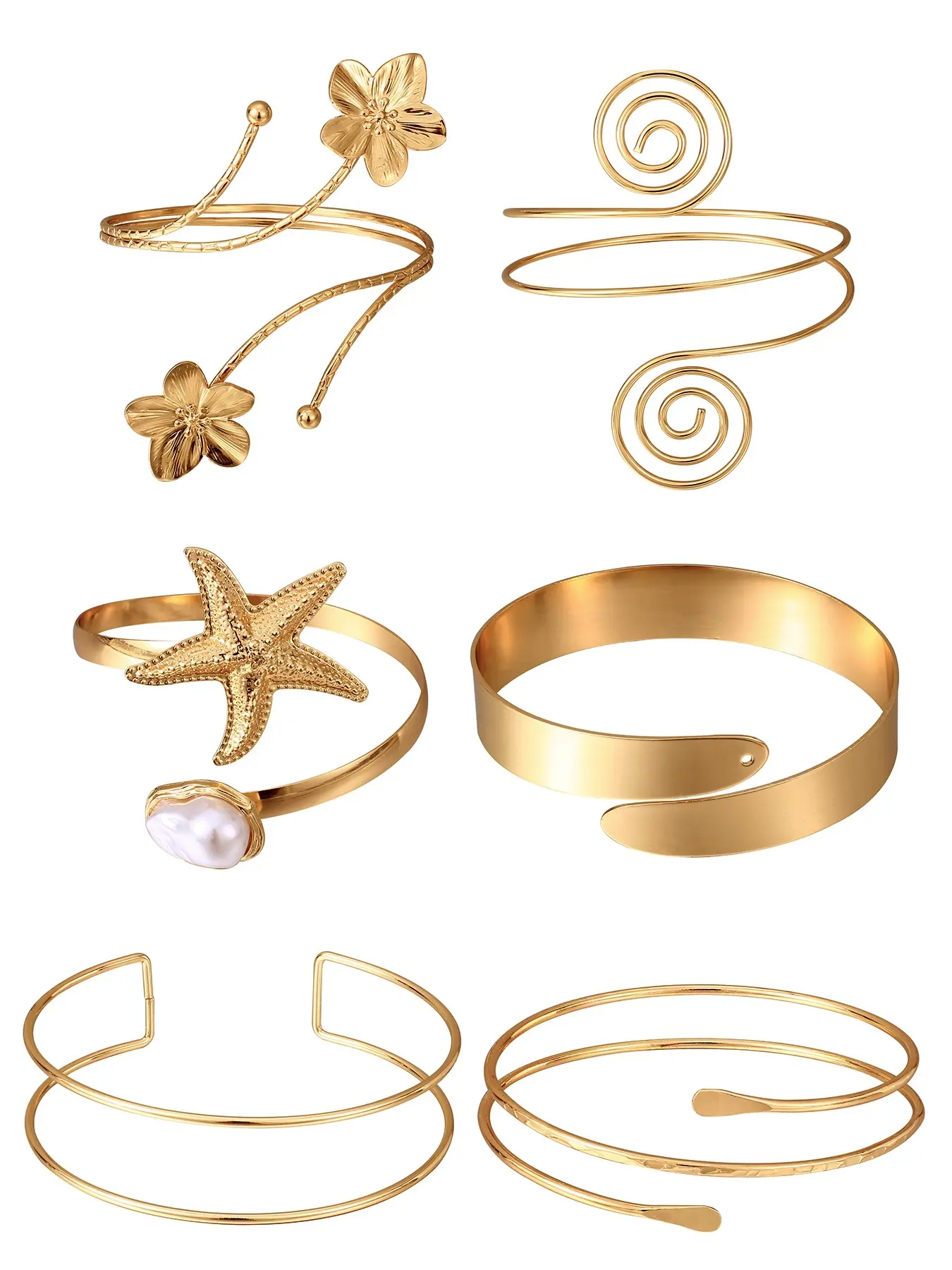 6-Piece Elegant Chunky Bangles Starfish Pearl Flower Spiral Arm Band, Casual Multi-Layer Layered Bangle Bracelet Set for Daily Wear, Party Gift for Girlfriend Mom, Stack Bangles