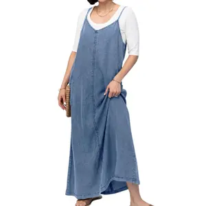Chouyatou women's V-neck denim overalls dress with adjustable spaghetti straps casual denim maxi skirt