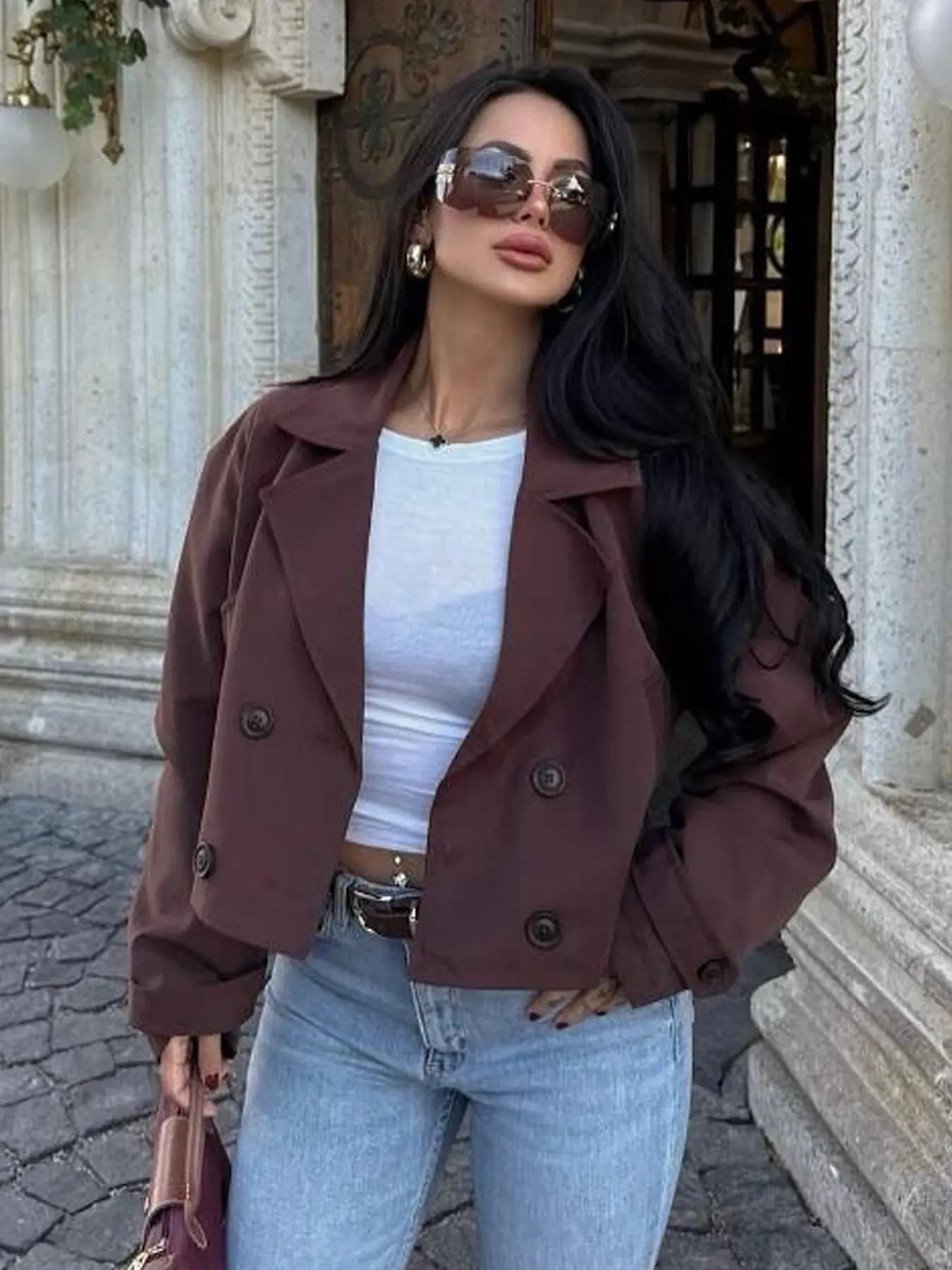 Cropped Jacket Trench Coat Woman Lady Demi-Season Double Breasted Windbreak Casual Fitted Jacket Women Street Long Sleeve Brown Jacket Female Womenswear Outerwear Casual Style Outerwear Casual Fashionable Outerwear