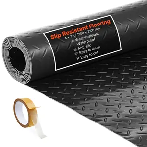 Garage Floor Roll 4 x 7 ft Thickened 2.2 mm PVC Diamond Plate Floor Protector Mat With Double-Sided Tape Non-Slip Easy to Clean For Warehouse Gyms Trailer Black Durable Waterproof Industrial Grade Roll-Up Mat Suitable for Concrete