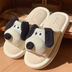 Women's poop stomping home cartoon four seasons indoor poop stomping floor slippers cute and lovely big ear dog soft bottom linen slippers