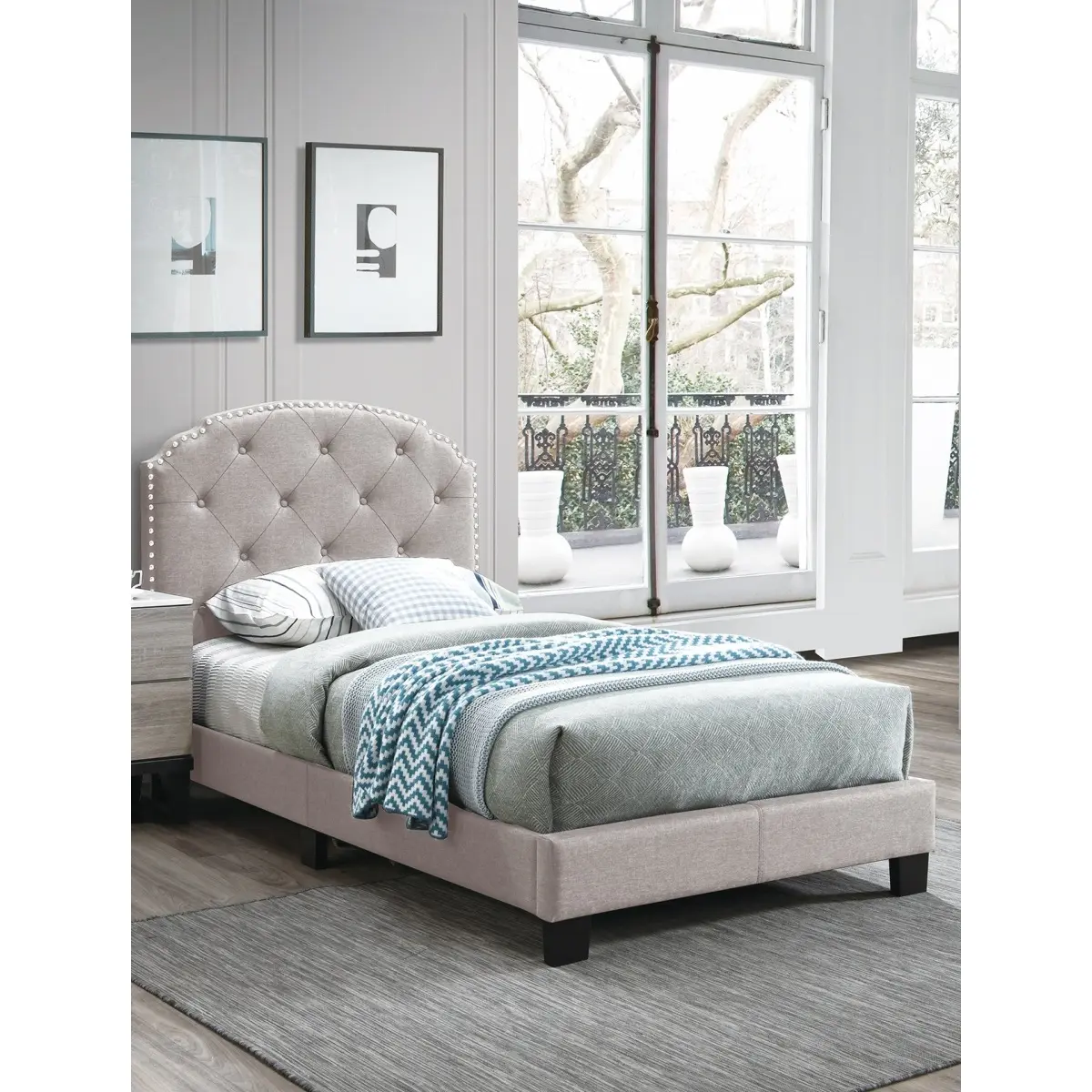 Standard Twin European Look Tufted Burlap Wood Headboard - Rectangular, Light Brown Finish, Craftsman Trim, Middle Support Legs, 81.50 x 42.00 x 46.5 inches, 50.00 lbs, Assembly Required, Indoor Bedroom Furniture