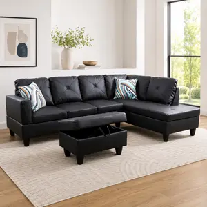 Black Faux Leather 3-Piece Couch Living Room Sofa Set