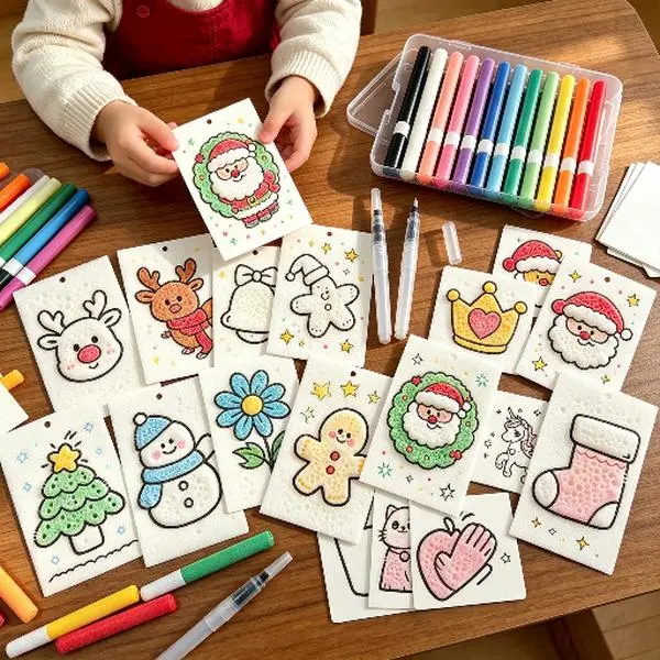 Christmas Collection Magic Foam 3D Painting Kit – 10 Texture Sheets, 12 Colorful Brushes & 3 Water Brushes, Water-Expandable Puffy Art Set with Silver Chains for Christmas Tree Hanging, Family Entertainment Activity & Festive Gift Surprise