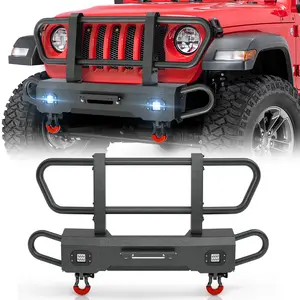 【Yzona】Front Bumper with Grille Guard 2018-2025 Gladiator JT, Off-Road Bumper with Winch Plate, LED Lights, D-Rings