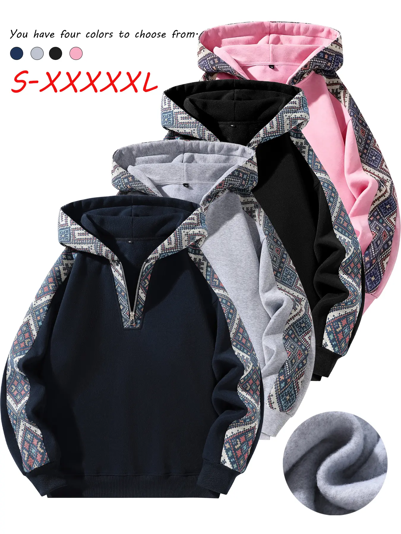 Retro Tribal Print Pullover Hoodie, Unisex Half-Zip Fleece Sweatshirt Top with Geometric Patchwork and Long Sleeves, Tops, Longsleeves