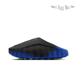 Black-to-Blue Gradient Fuzzy Foam Mules, Chunky Slip-On Clogs with Neon Green Studded Outsole, Trendy Streetwear Footwear for Bold Urban Style