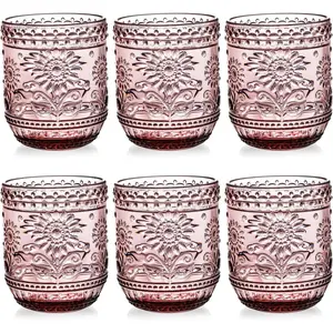 6 Pack 12 Oz Drinking Glasses, Vintage Water Glasses Purple Colored Glassware Heavy Duty, Decorative Floral Embossed Beverages Tumblers for Whiskey, Beer, Juice, Wine