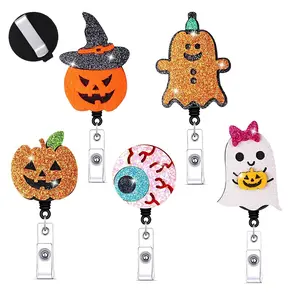 Fun Halloween Badge Reel Retractable ID Holder, Cute Ghost Pumpkin Gold Man Name Tag Clip for Nurses Doctors Office Gift, Badge Buddy Nursing, Portable