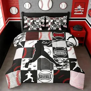 Sport Ball 7 Pcs Bedding Set,Boys Baseball Comforter Bed Set with Sheets Softball Red Player Silhouette Bed Bag,Teens Patchwork Geometric Grid Black Bed Set