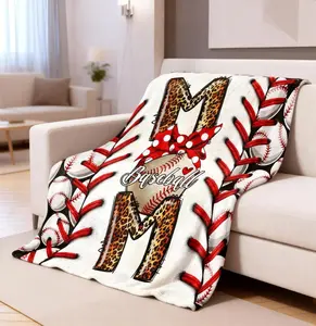 Baseball & Letter Pattern Blanket Gift for MOM with Leopard Print and Bow Design for Cozy Home Decor Soft Warm Throw