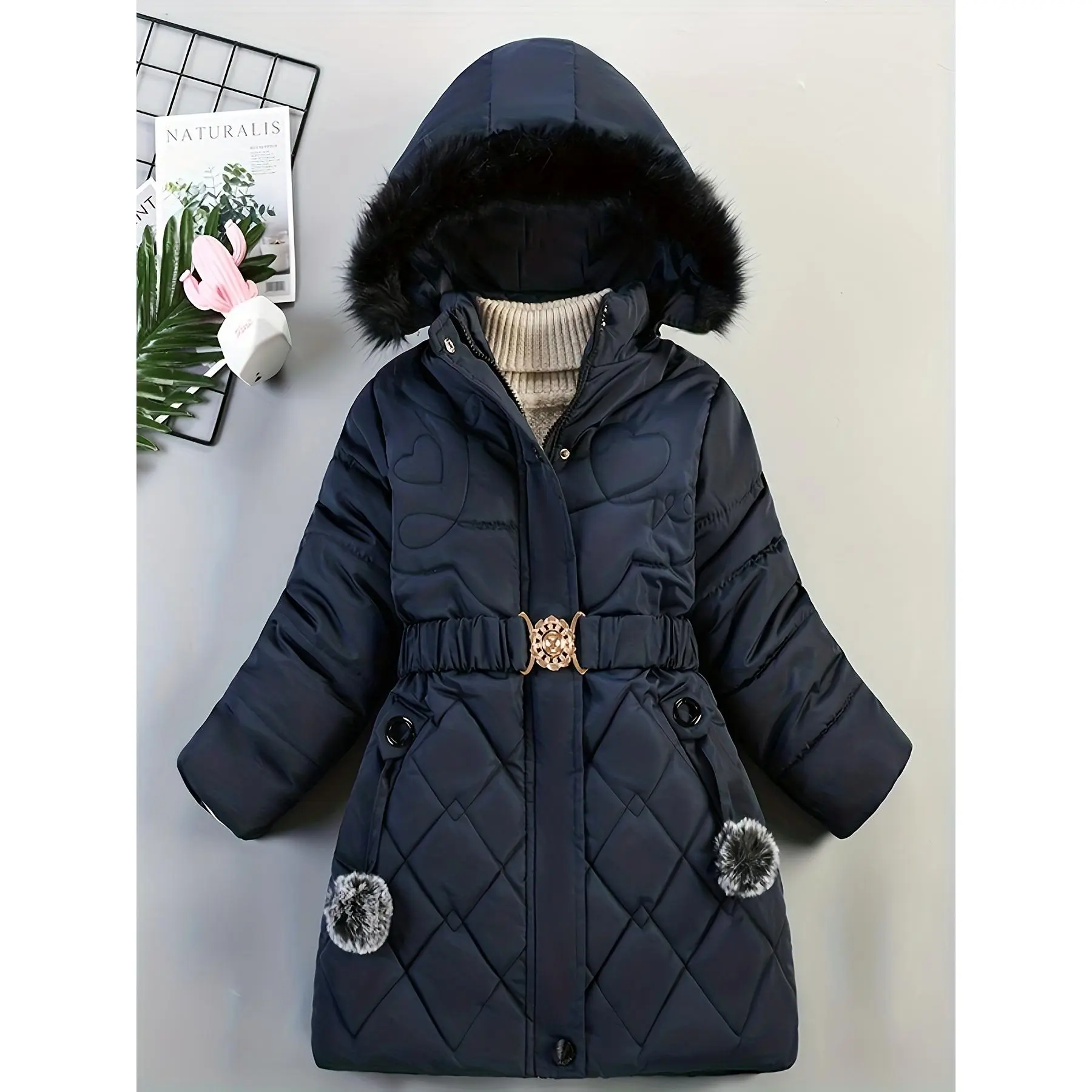 Girls' Hooded Thick Warm Belted Plain Parker Coat, Long-Sleeve Straight-Sleeve Zipper-Closure Casual Winter Outerwear, Regular Sleeve/Straight Sleeve