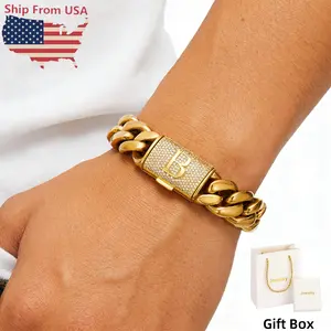 18K Gold-Plated Miami Cuban Link With Bracelet A-Z 26 Letter Zirconia Clasp For Men And Women Hip Hop Jewelry Gift Box