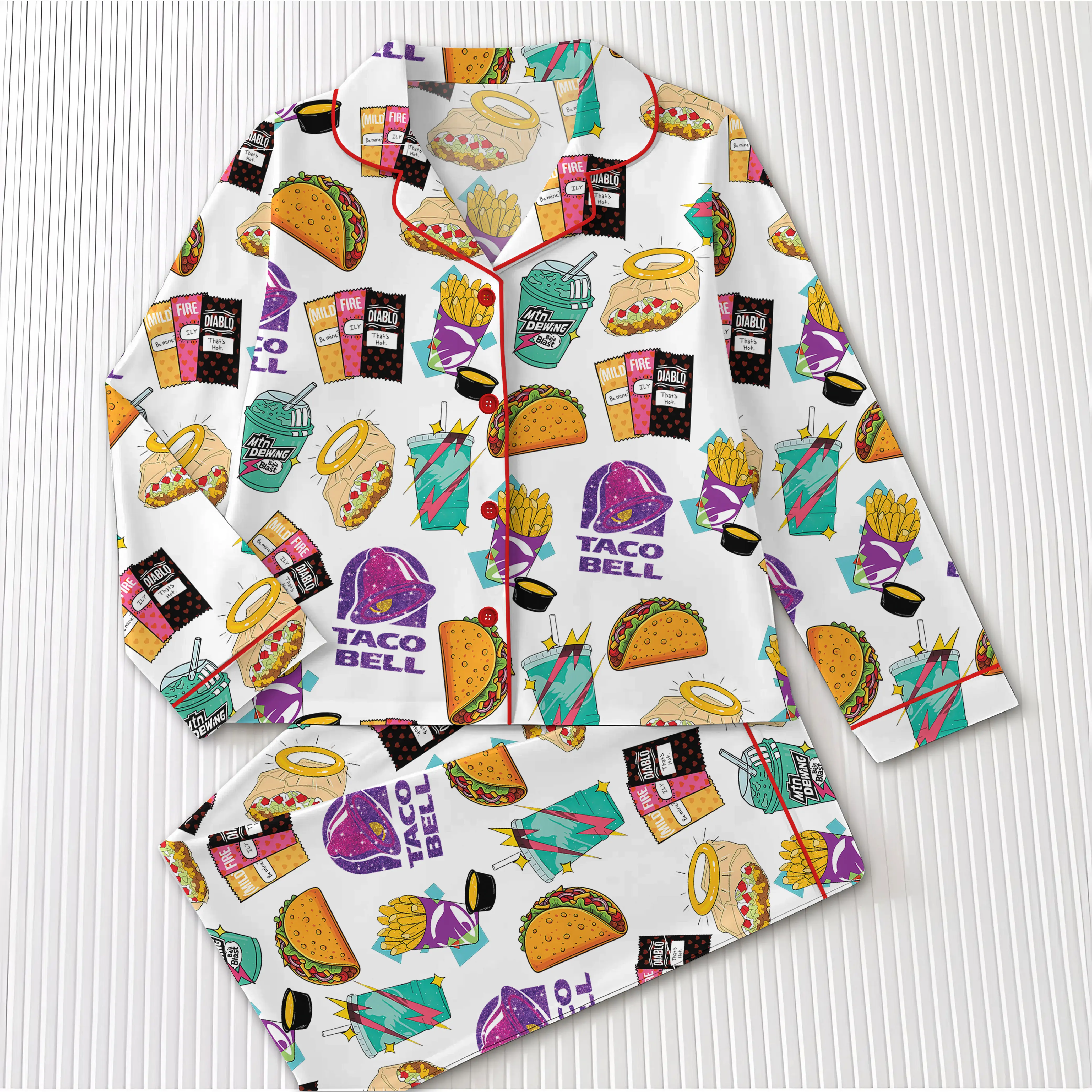 Taco Bell Short Satin Pajamas, Fast Food Print Sleepwear Set for Women, Silky Lounge Outfit, Fun Pajama Shorts, Taco Bell Fan Gifts