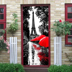 2pcs Paris Street View Red Umbrella Wall Sticker Modern Minimalist Living Room Entrance Bedroom Decorative Sticker Removable Self Adhesive Wallpaper Decal Home Wall Art Decor Collage Self-Adhesive Door