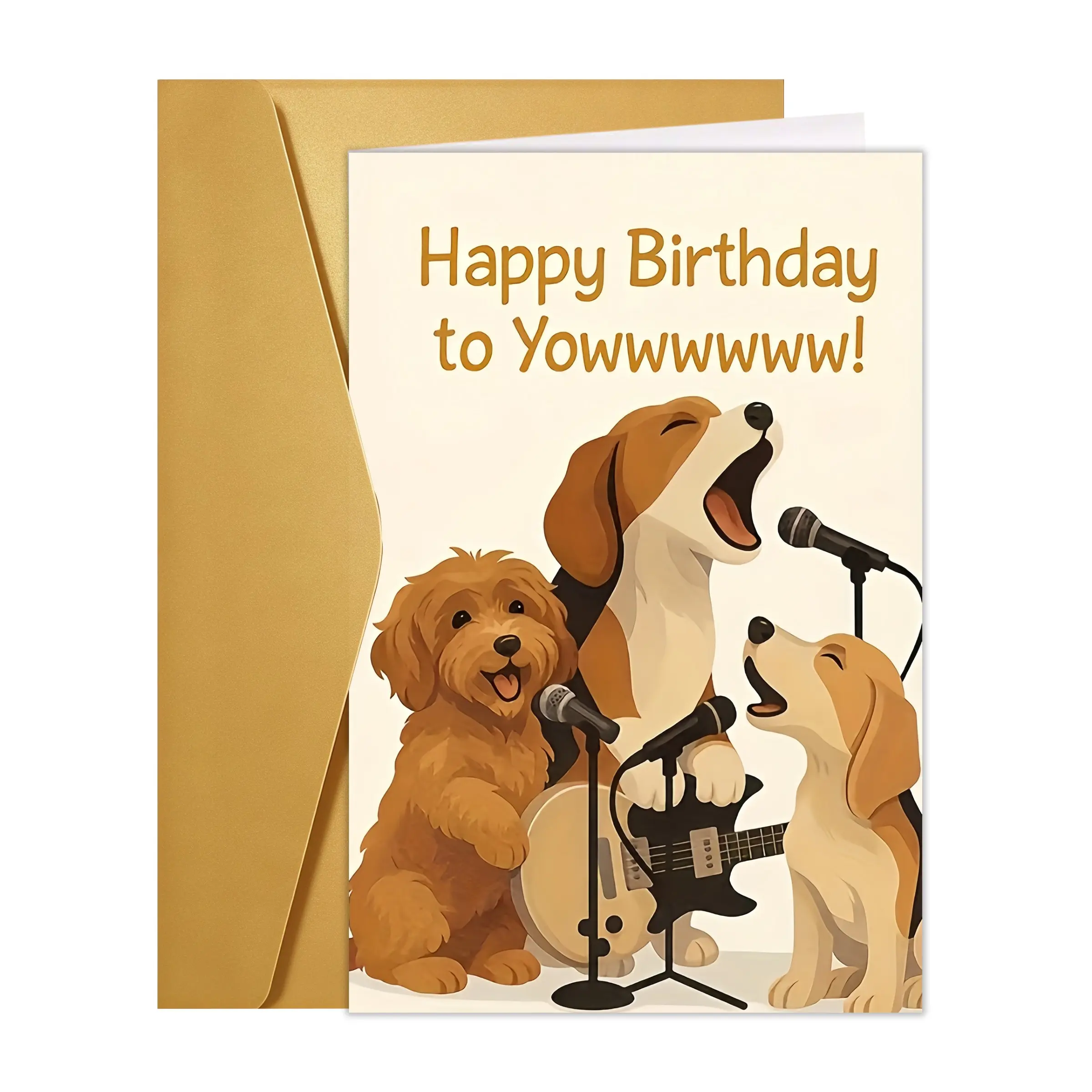 A Funny Singing Dog Birthday Card - Cartoon Music Theme, Featuring a Microphone And Guitar, with a Humorous "Meow!" Suitable for Pet Owners And Animal Lovers, Includes an Envelope (Paper)